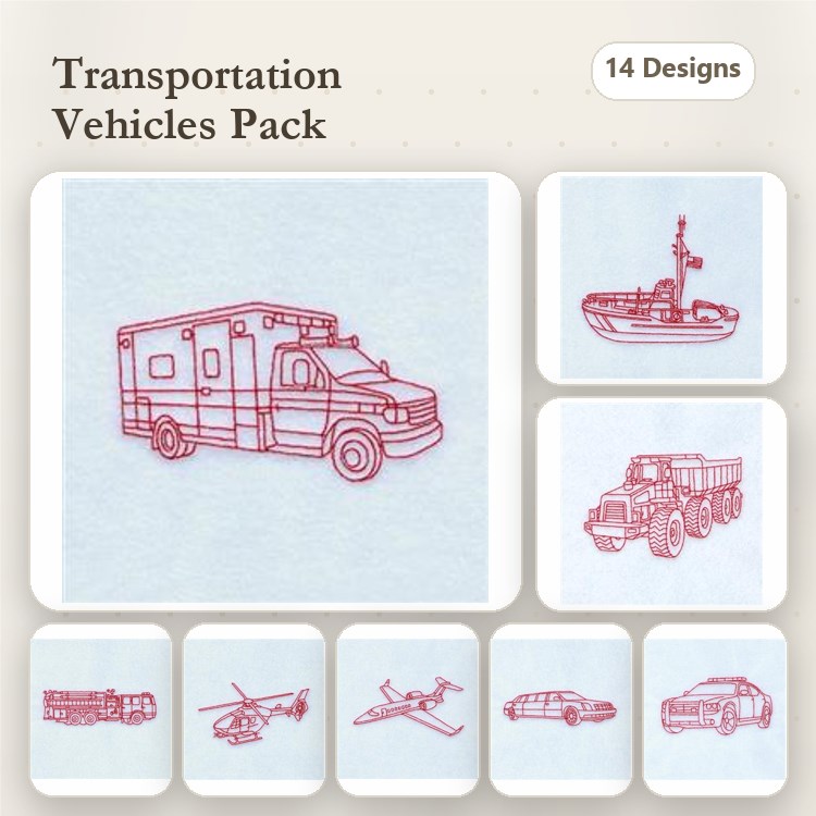 Redwork Transportation Vehicles Embroidery Designs Bundle – Ambulance, Fishing Boat, Dump Truck & More (14 Designs)