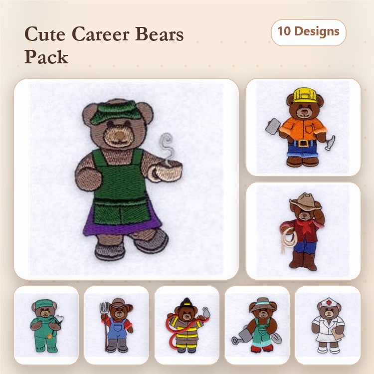 Career-themed Bears Embroidery Designs Bundle – Teacher Bear, Firefighter Bear, Nurse Bear & More (10 Designs)