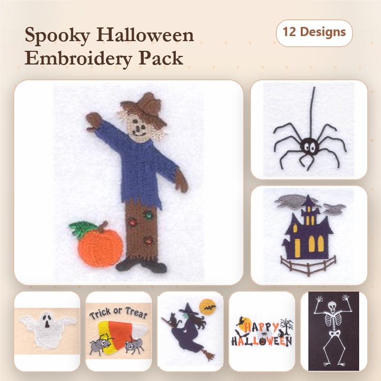 Halloween Embroidery Designs Bundle – Scarecrow, Spider, Haunted House, Ghost & More (12 Designs)