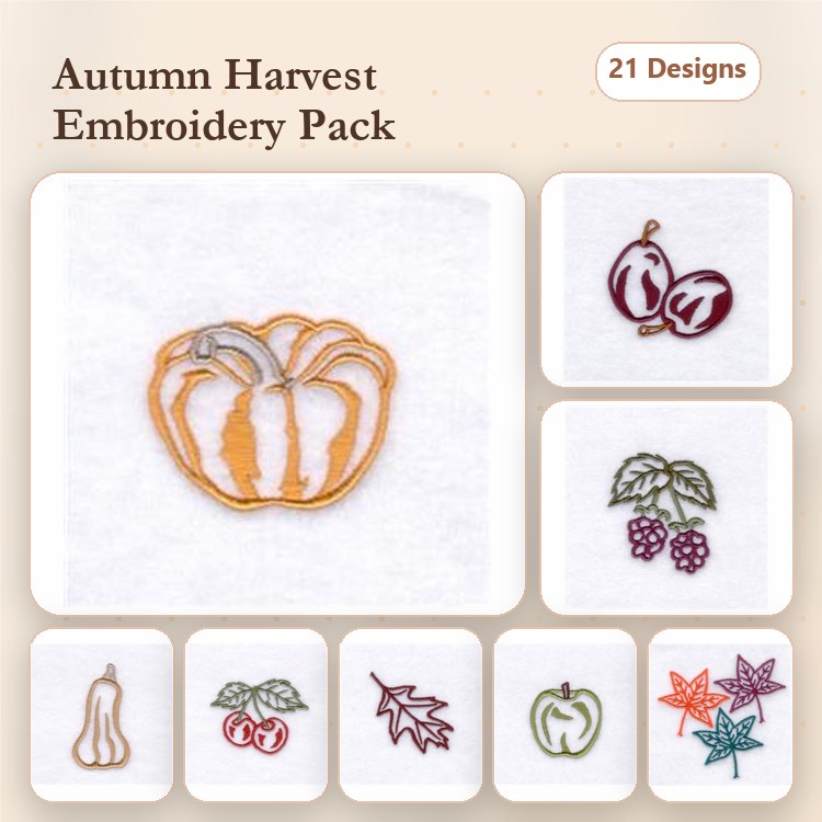 Autumn Vegetables & Foliage Embroidery Designs Bundle – Pumpkin, Grapes, Acorn & More (21 Designs)