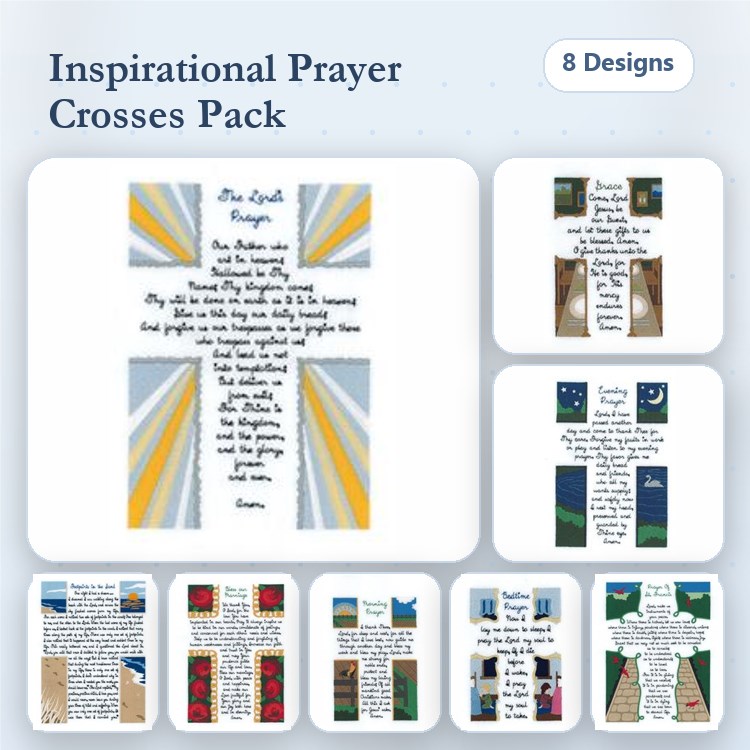 Inspirational Prayer Crosses Embroidery Designs Bundle – Cross with Sunburst, Watercolor Cross, Floral Cross & More (8 Designs)