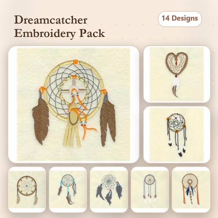Dreamcatcher Embroidery Bundle – Dreamcatcher with Feathers, Heart, Round & More (14 Designs)