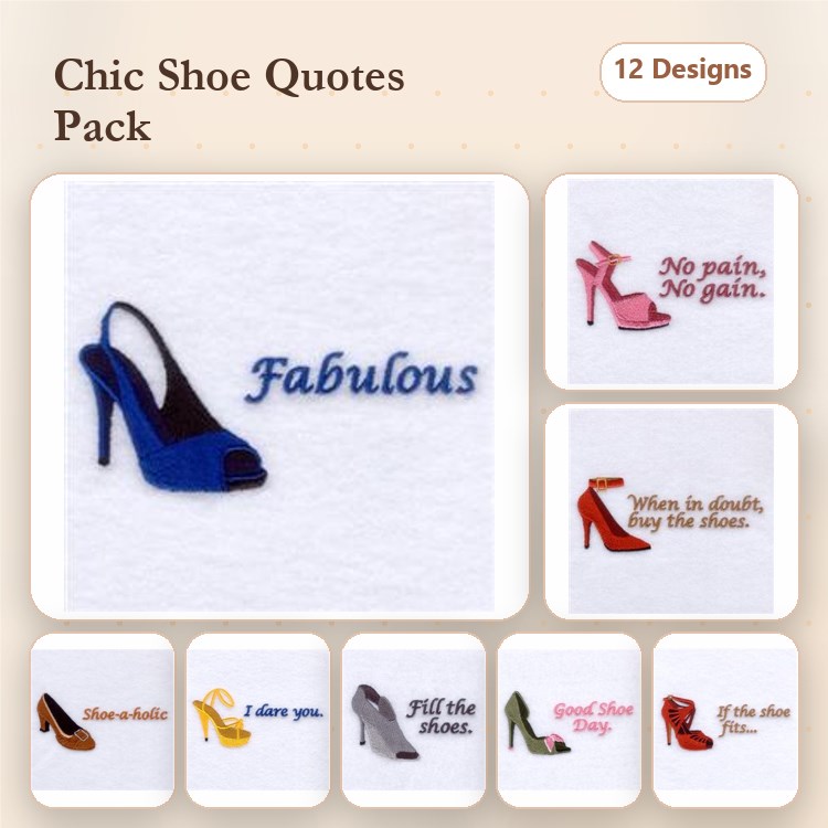 Shoe Quotes Embroidery Designs Bundle – High Heel Shoe with Fabulous Text, No Pain No Gain & More (12 Designs)