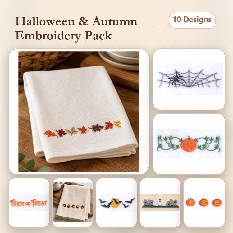 Halloween & Autumn Embroidery Designs Bundle – Autumn Leaves Border, Spider Web, Pumpkin Decoration & More (10 Designs)