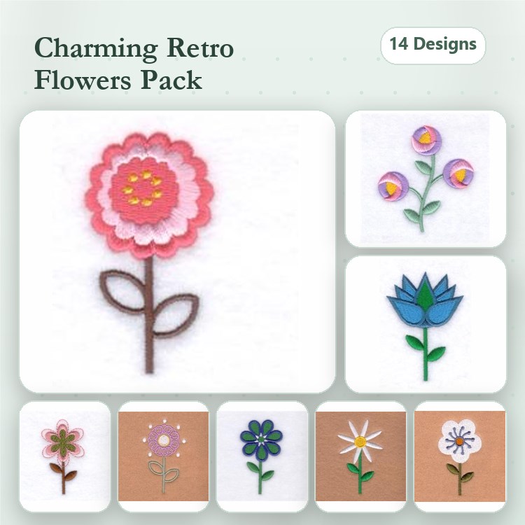 Applique Retro Flower Embroidery Bundle – Pink Petals, Blue Lotus, Yellow & Purple Blooms & More (14 Designs)