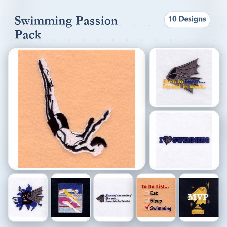 Swimming Embroidery Bundle – Diver Silhouette, Swim Team MVP, To Do List - Eat Sleep Swim & More (10 Designs)