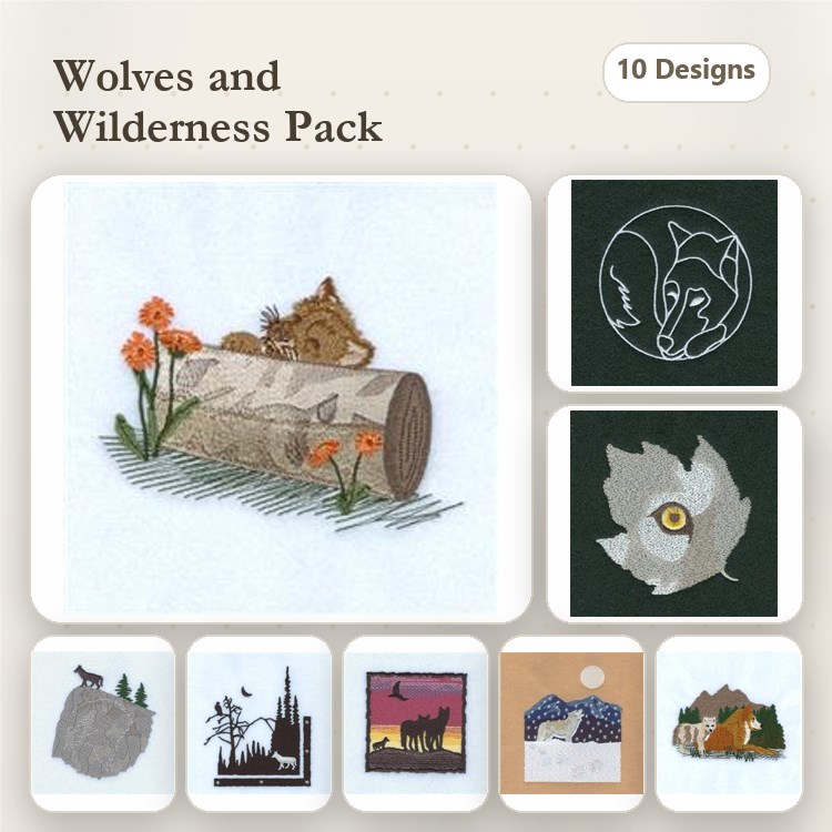 Wolves and Wilderness Embroidery Designs Bundle – Resting Wolf, Howling Wolf, Mountain Landscape & More (10 Designs)