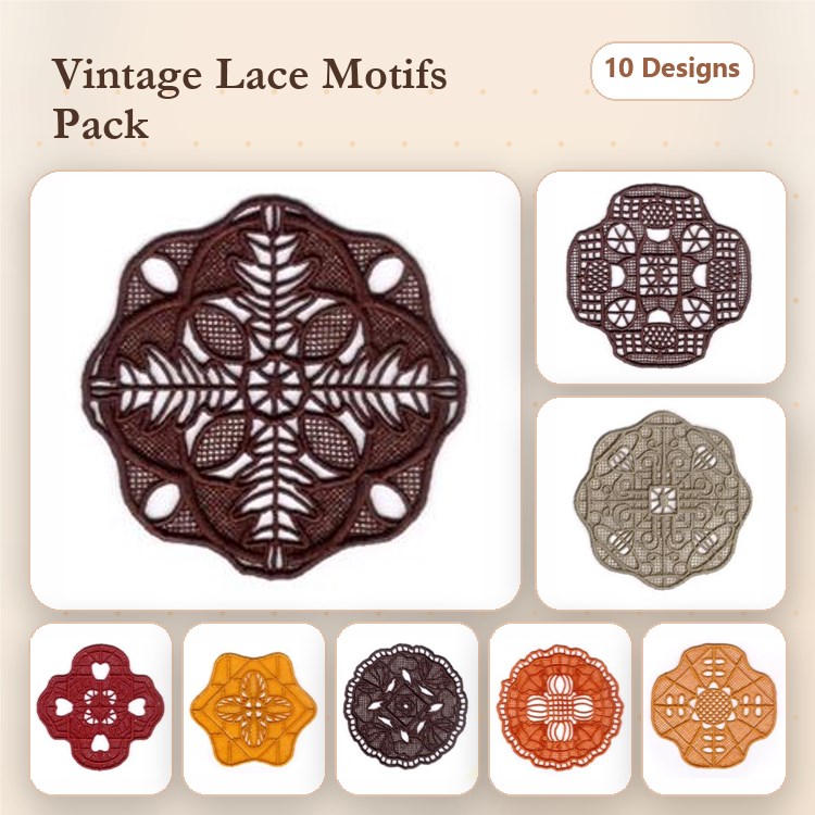 FSL Vintage Lace Embroidery Designs Bundle – Snowflake, Floral, Geometric & More (10 Designs)
