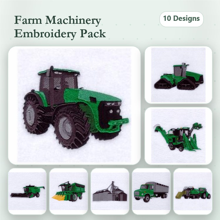 Farm Machinery Embroidery Bundle – Tractor, Combine Harvester, Bulldozer & More (10 Designs)