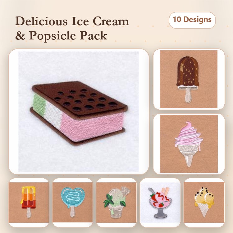 Ice Cream & Popsicle Embroidery Designs Bundle – Ice Cream Sandwich, Chocolate Popsicle, Sundae & More (10 Designs)