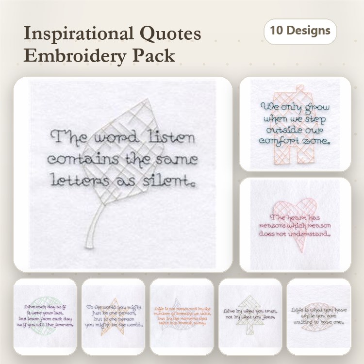 Inspirational Quotes Embroidery Designs Bundle – Glass of Wine, Heart, Kindness & More (10 Designs)