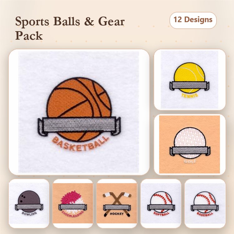 Sports Balls & Gear Embroidery Designs Bundle – Basketball, Football, Baseball, Hockey & More (12 Designs)