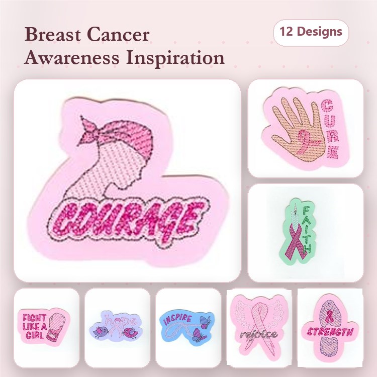 Breast Cancer Awareness Embroidery Designs Bundle – Courage Silhouette, Strength Ribbon, Cure Hand & More (12 Designs)