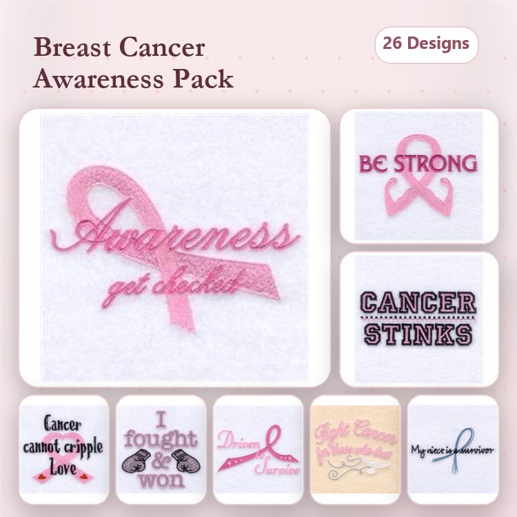 Breast Cancer Awareness Embroidery Bundle – Awareness Ribbon, Be Strong, Cancer Stinks & More (26 Designs)