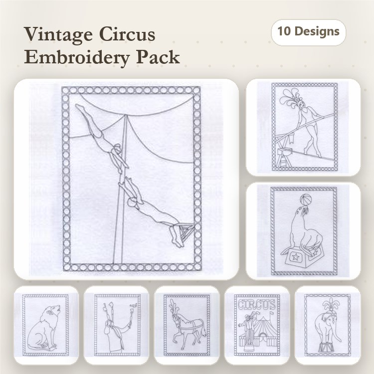 Redwork Vintage Circus Embroidery Designs Bundle – Tightrope Walker, Circus Elephant, Dancing Bear & More (10 Designs)
