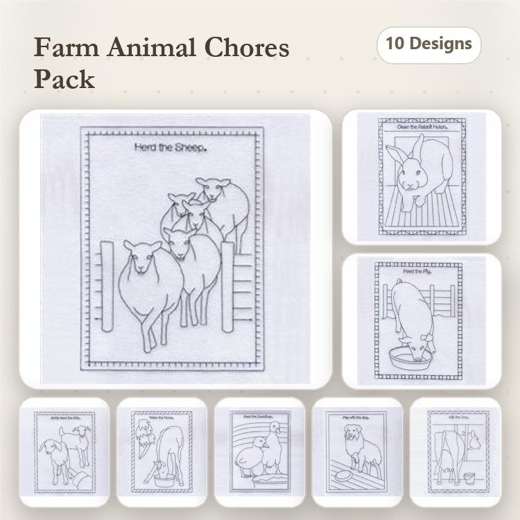 Farm Animal Embroidery Bundle – Sheep, Rabbit & Pig (10 Designs)