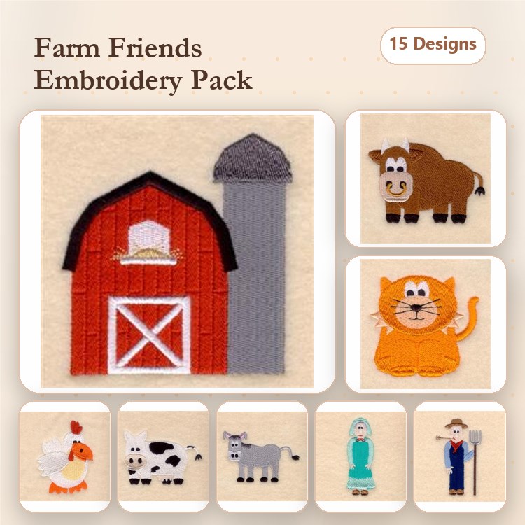 Farm Animal Embroidery Bundle – Red Barn, Brown Cow, Orange Cat & More (15 Designs)