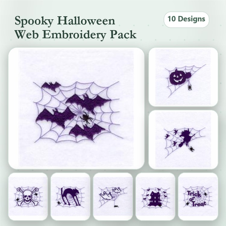 Halloween Embroidery Designs Bundle – Spider Web, Bat, Pumpkin, Ghost & More (10 Designs)