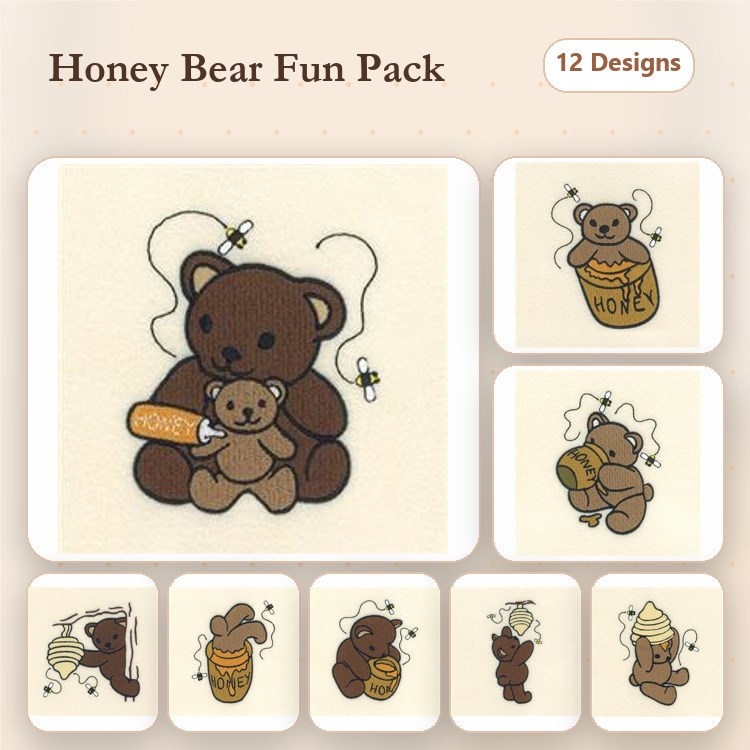 Honey Bear Embroidery Bundle – Brown Bear with Honey Pot, Bear Cub with Honey, Bear with Honeycomb & More (12 Designs)