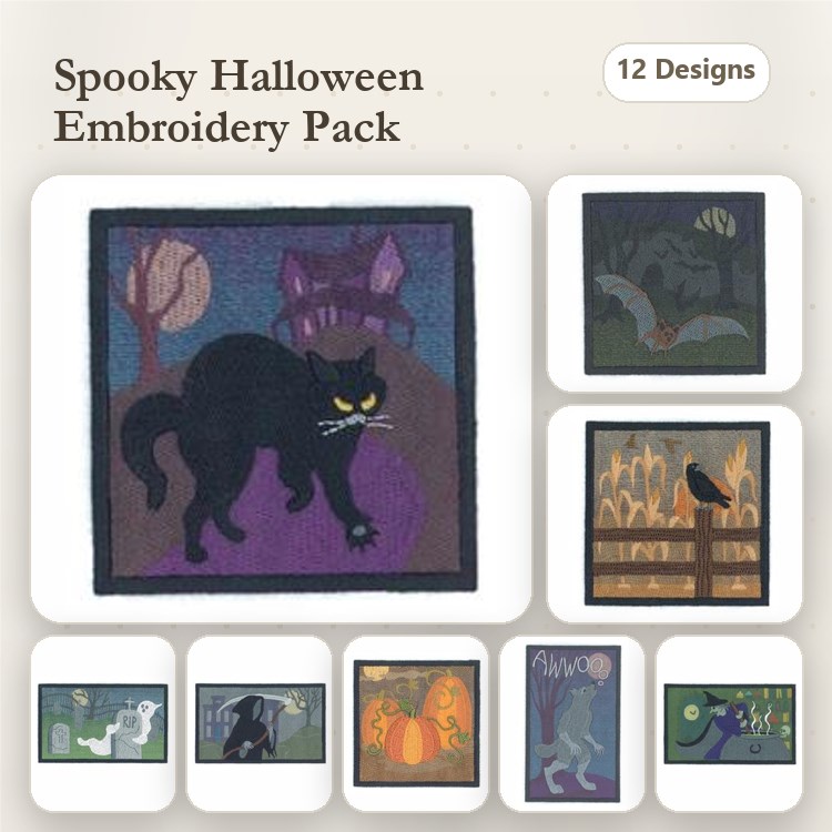 Spooky Halloween Embroidery Designs Bundle – Black Cat, Haunted House, Bats in Flight, Crow on Fence & More (12 Designs)