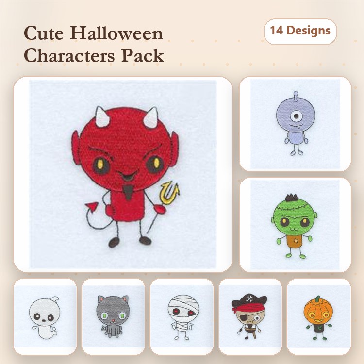 Cute Halloween Characters Embroidery Designs Bundle – Devil, Ghost, Mummy, Pumpkin & More (14 Designs)