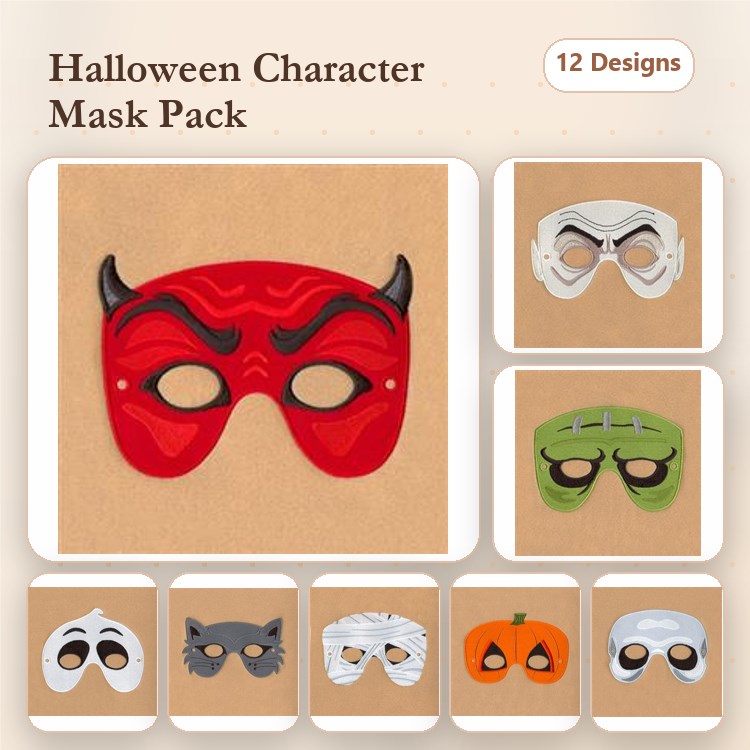 ITH Halloween Character Masks Embroidery Designs Bundle – Devil, Ghost, Pumpkin & More (12 Designs)