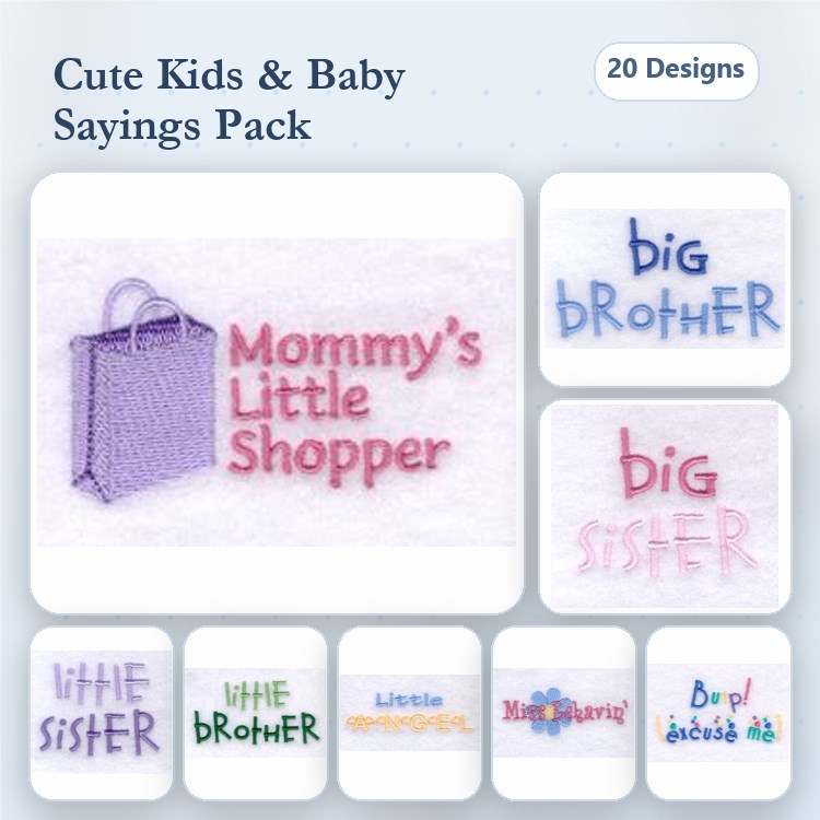 Kids and Baby Sayings Embroidery Designs Bundle – Mommy's Little Shopper, Big Brother, Big Sister & More (20 Designs)