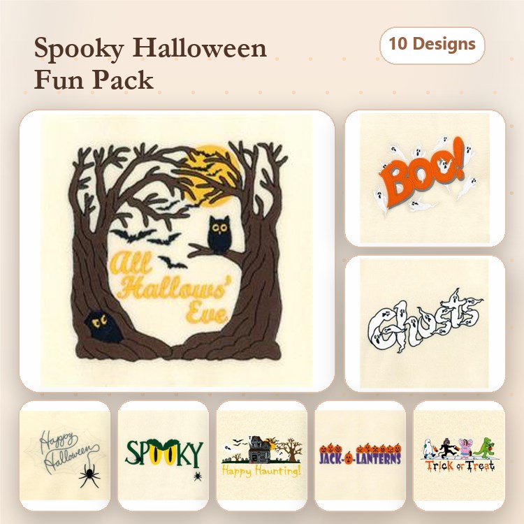 Halloween Embroidery Designs Bundle – Owl in Trees, Pumpkin, Ghosts & More (10 Designs)