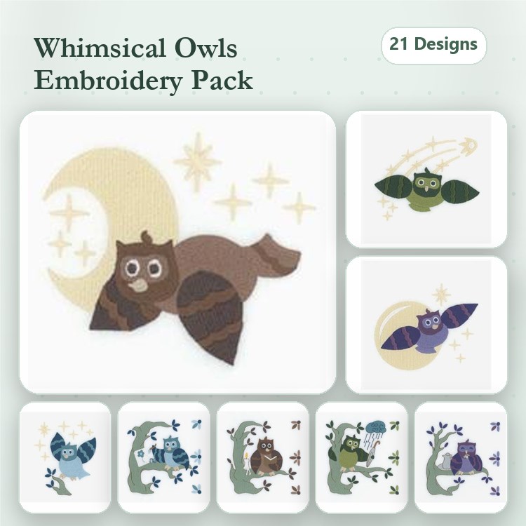 Owl Embroidery Designs Bundle – Owl with Moon, Owl with Stars, Flying Owl & More (21 Designs)