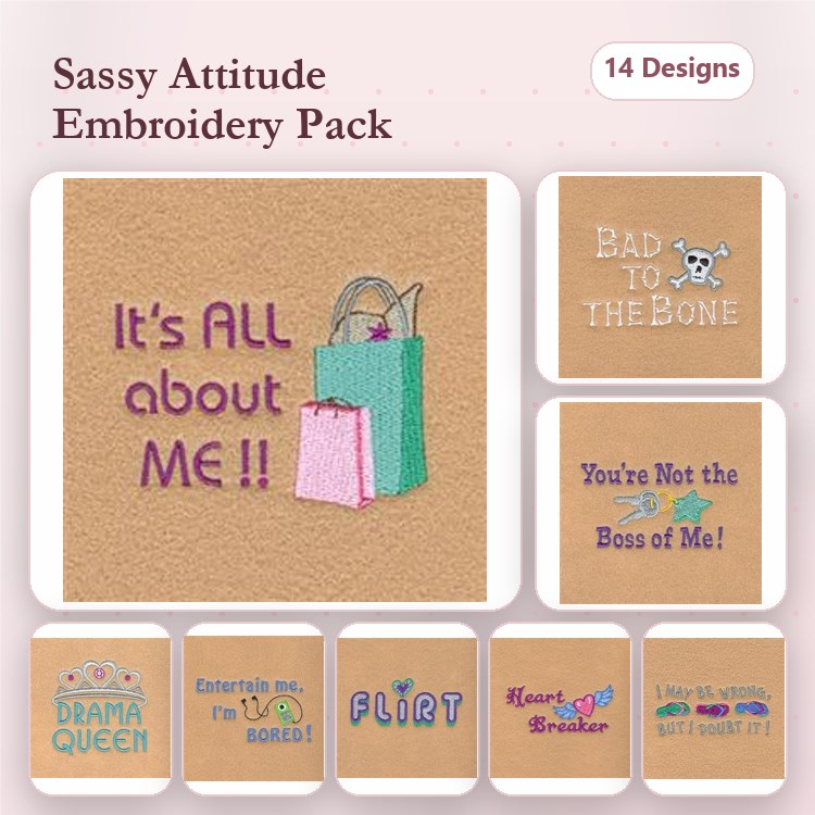 Attitude Phrases Embroidery Designs Bundle – It's All About Me, Bad to the Bone, Drama Queen & More (14 Designs)