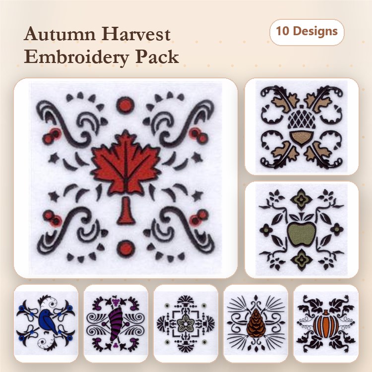 Autumn Harvest Embroidery Designs Bundle – Maple Leaf, Harvest Apple, Pumpkin Decoration & More (10 Designs)