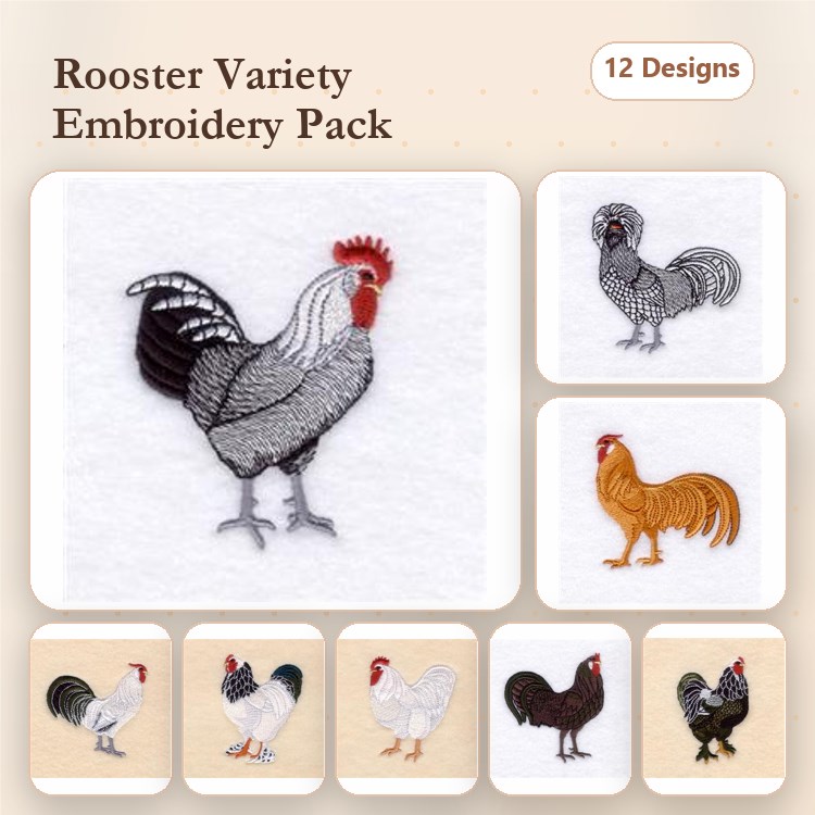Farm Animal Embroidery Bundle – Plymouth Rock Rooster, Silkie Rooster, Gamecock & More (12 Designs)