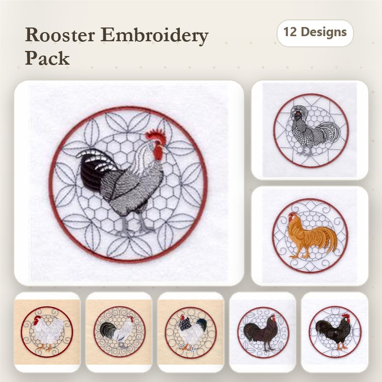 Farm Animal Embroidery Bundle – Rooster, Hen, Silkie Chicken & More (12 Designs)