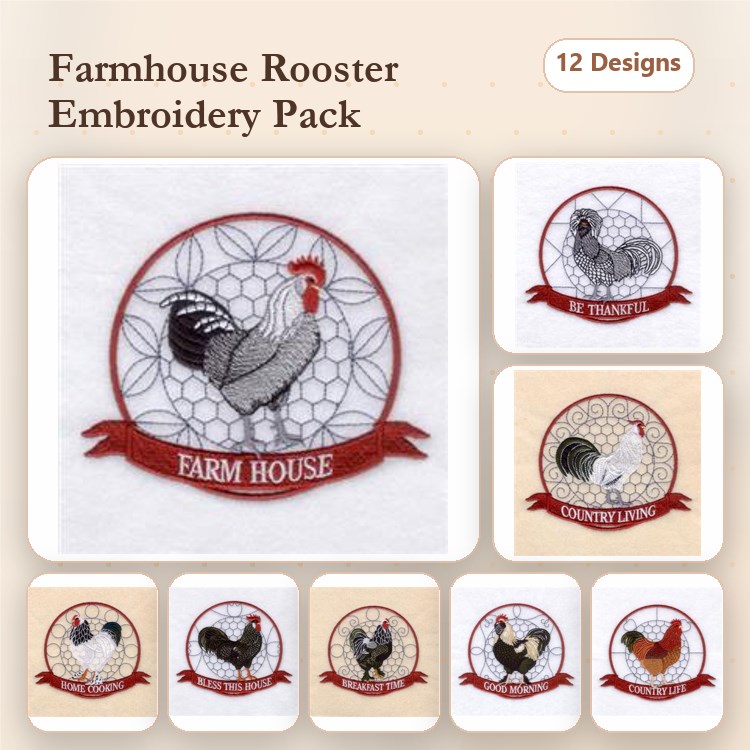 Farmhouse Rooster Embroidery Designs Bundle – Black Rooster, Country Living Rooster, Red Rooster & More (12 Designs)