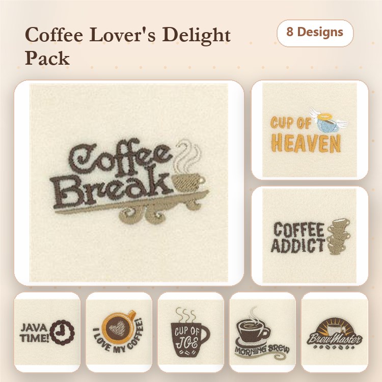 Coffee-Themed Embroidery Designs Bundle – Coffee Break, Cup of Heaven, Coffee Addict & More (8 Designs)