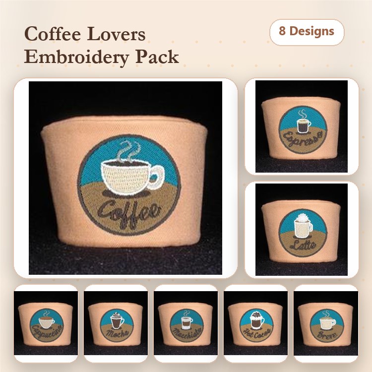 ITH Coffee Embroidery Designs Bundle – Coffee Mug, Espresso Cup, Latte Cup, Cappuccino Cup & More (8 Designs)