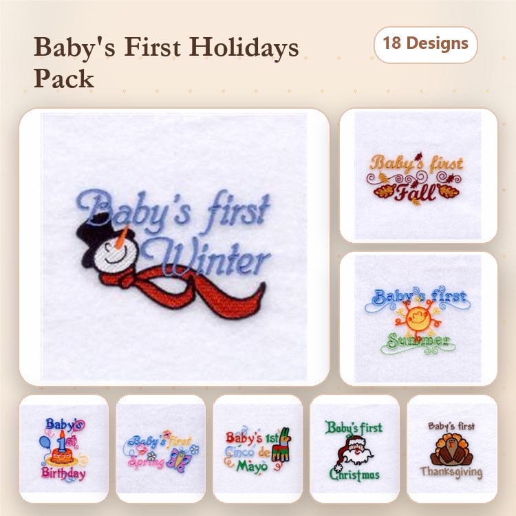 Baby's First Holidays Embroidery Designs Bundle – Winter Snowman, Fall Leaves, Christmas Tree & More (18 Designs)