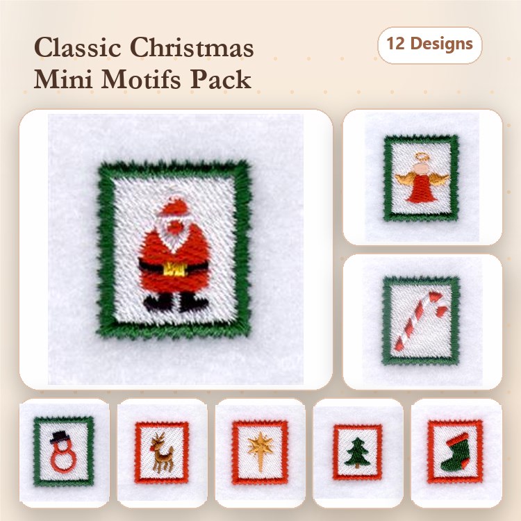 Christmas Mini Motifs Embroidery Designs Bundle – Santa Claus, Angel, Candy Cane & More (12 Designs)