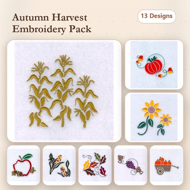 Autumn Harvest Embroidery Designs Bundle – Corn Stalks, Red Tomato, Pumpkin Cart & More (13 Designs)