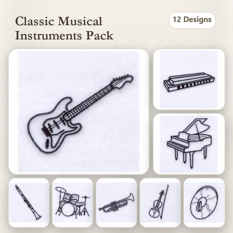 Classic Musical Instruments Embroidery Designs Bundle – Electric Guitar, Piano, Clarinet, Drum Set & More (12 Designs)