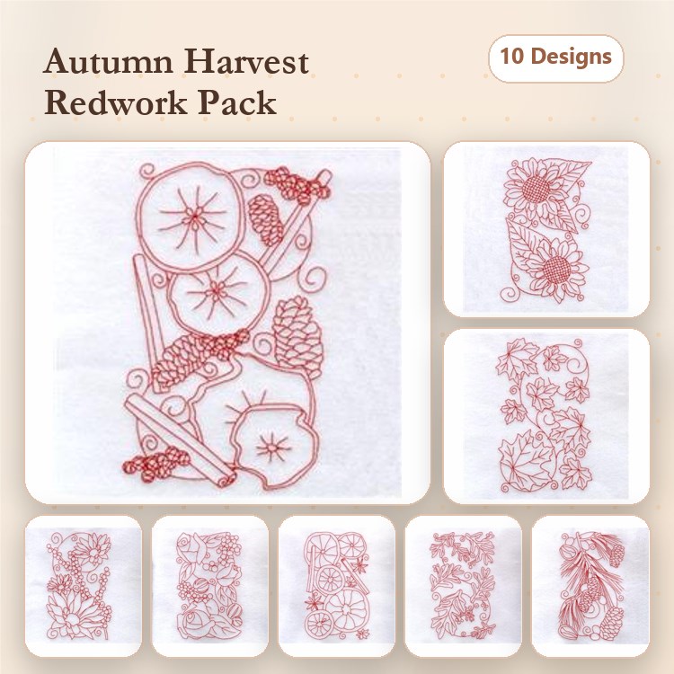 Redwork Autumn Harvest Embroidery Designs Bundle – Pumpkin, Grapes, Sunflower & More (10 Designs)