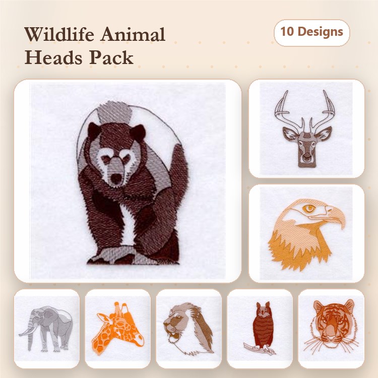 Wildlife Animal Heads Embroidery Bundle – Bear, Deer, Eagle, Elephant & More (10 Designs)
