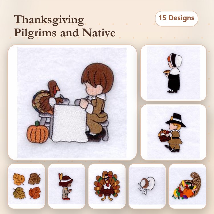 Thanksgiving Pilgrims & Native American Embroidery Designs Bundle – Pilgrim Boy, Native American Girl, Turkey & More (15 Designs)