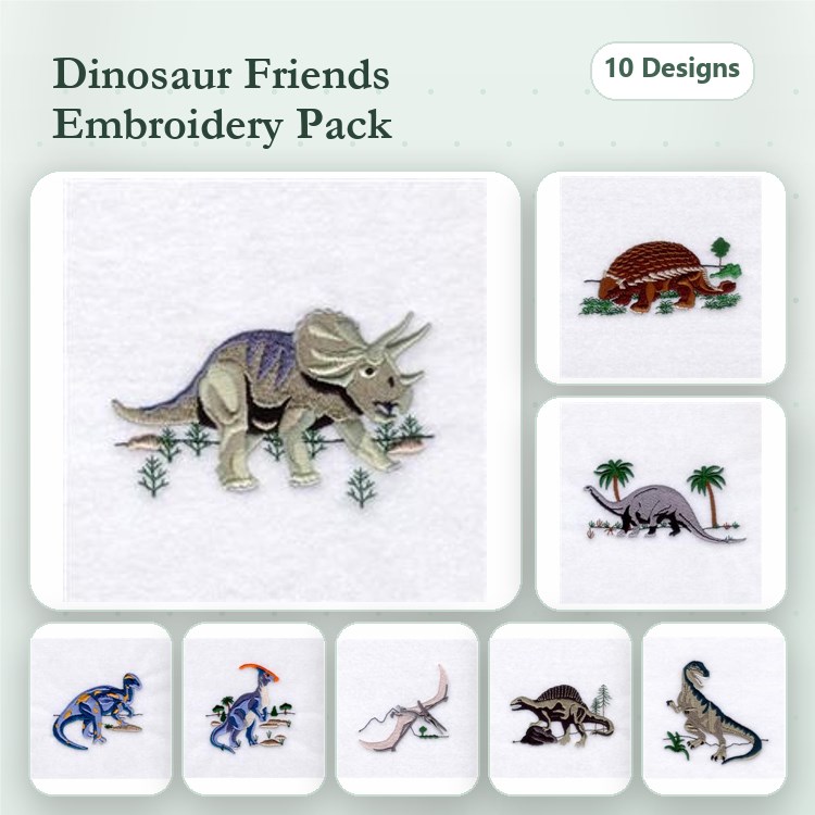 Dinosaur Embroidery Designs Bundle – Triceratops, Tyrannosaurus Rex, Stegosaurus & More (10 Designs)