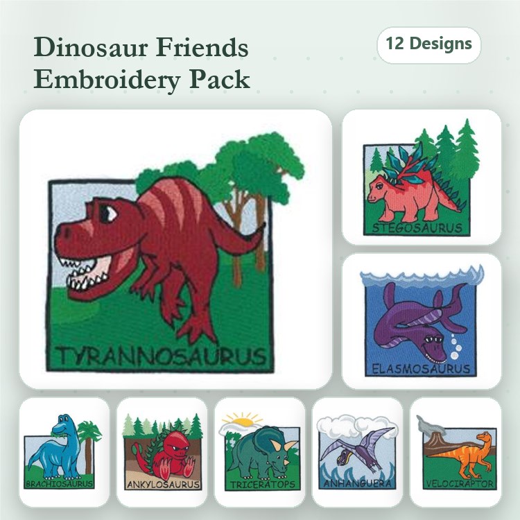Dinosaur Friends Embroidery Designs Bundle – Tyrannosaurus, Stegosaurus, Triceratops & More (12 Designs)