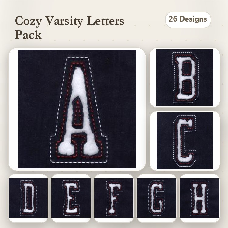 Applique Varsity Letter Embroidery Designs Bundle – A, B, C, D, E, F, H & More (26 Designs)