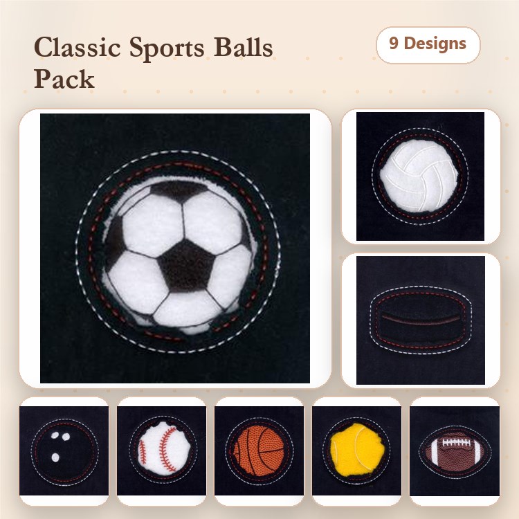 Applique Classic Sports Balls Embroidery Bundle – Soccer Ball, Baseball, Basketball & More (9 Designs)