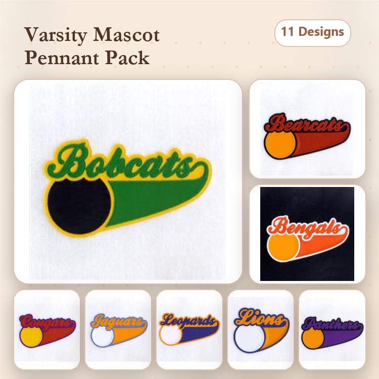 Applique Varsity Mascot Pennant Embroidery Bundle – Bobcats, Bengals, Cougars, Legends & More (11 Designs)