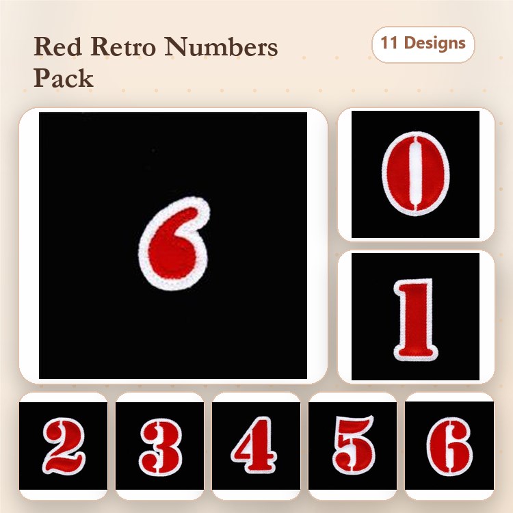 Applique Red Retro Numbers Embroidery Bundle – Number 0, Number 1, Number 2, Number 3 & More (11 Designs)