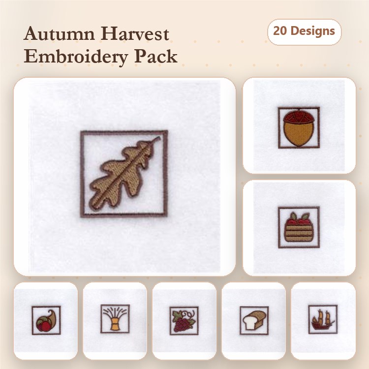 Autumn Harvest Embroidery Designs Bundle – Oak Leaf, Acorn, Pumpkin Pie & More (20 Designs)